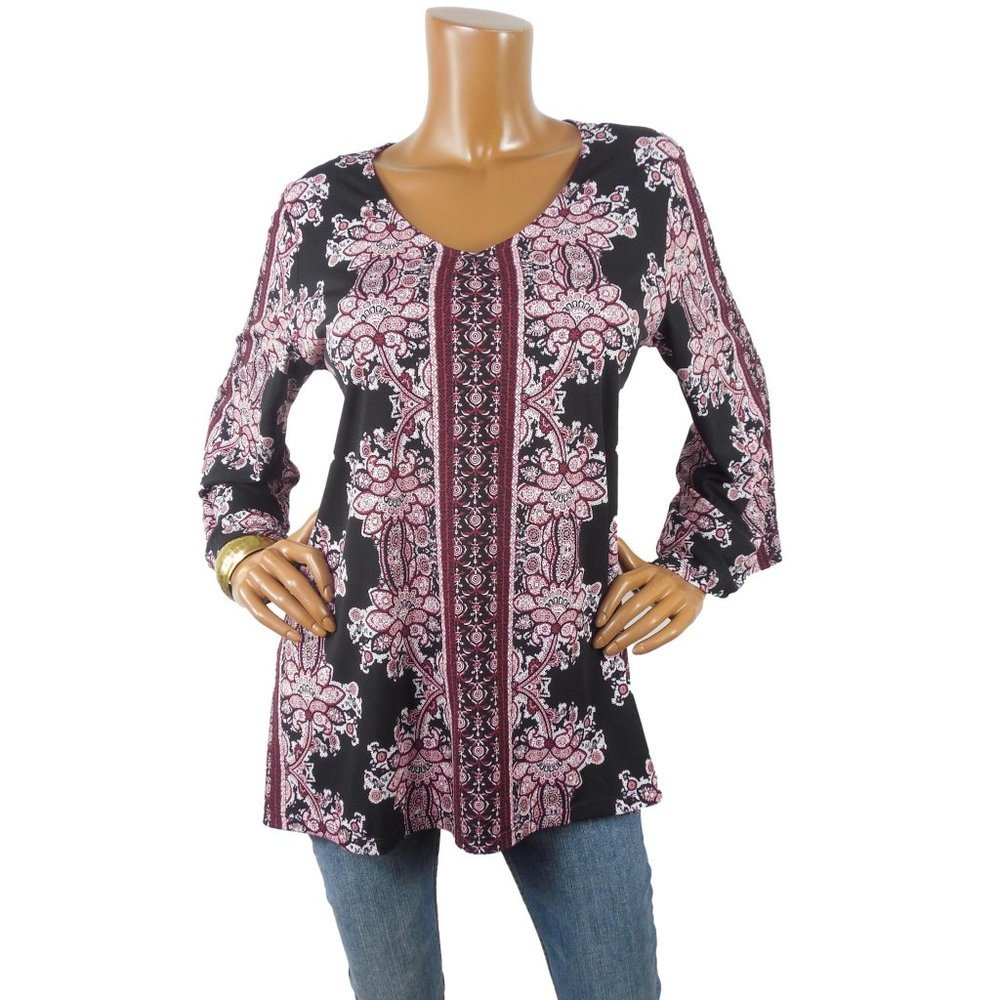 DRESSBARN Top L Tunic Blouse Red/Black Print Stretch V-Neck 3/4 Asymmetric Slvs